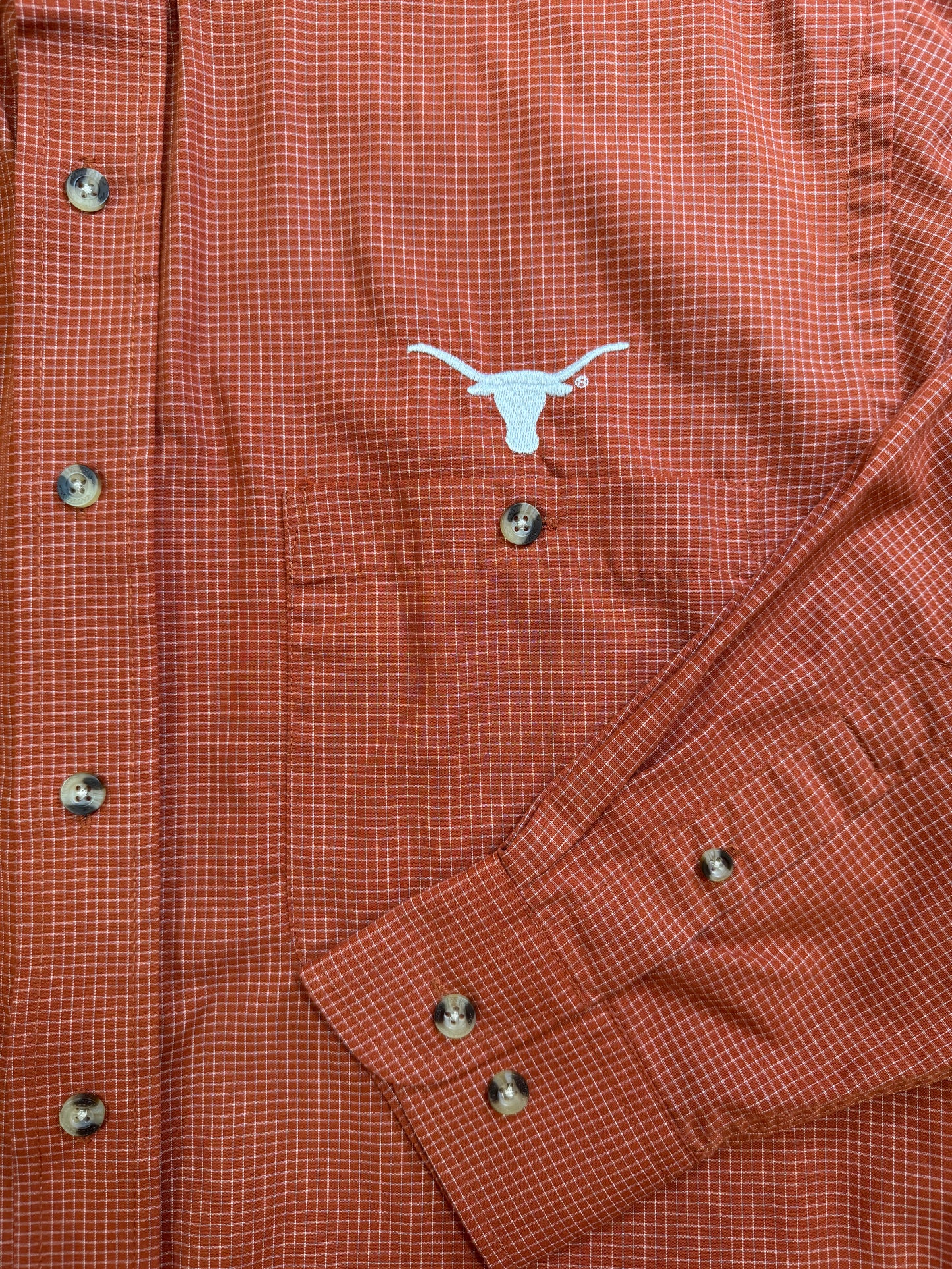 Burnt Orange Micro Check Long Sleeve with Embroidered Longhorn
