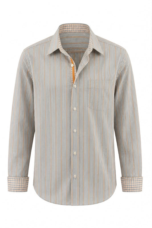 Dusty Blue, Orange and White Stripe with Plaid cuffs