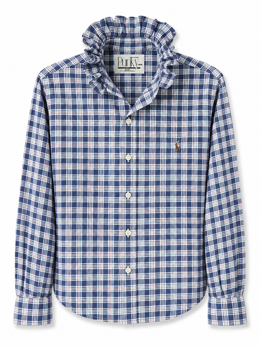 Vintage Blue Plaid Long Sleeve With Polo Detail